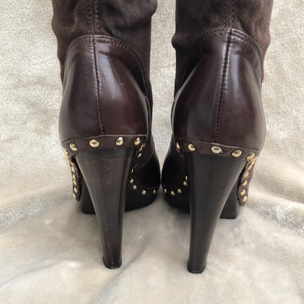 SERGIO ROSSI Chocolate Brown Suede/Leather Over the Knee Boot with Gold Studs